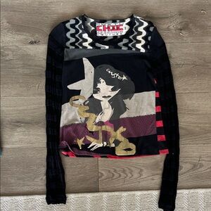 Custo Barcelona Black Multi-Color Graphic Long-Sleeve Top